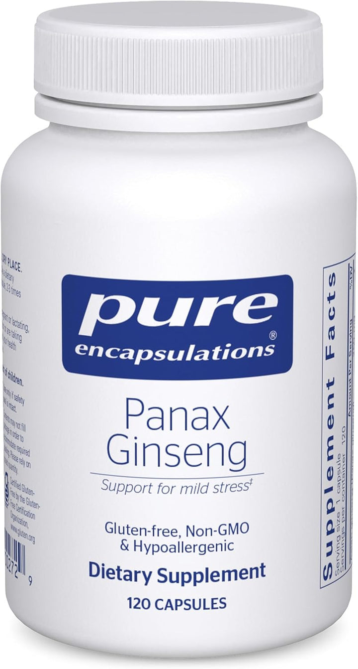 Pure Encapsulations Panax Ginseng dietary supplement bottle with 120 capsules, supporting energy and stamina.