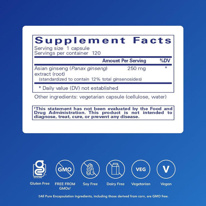 Pure Encapsulations Panax Ginseng dietary supplement bottle with 120 capsules, supporting energy and stamina.