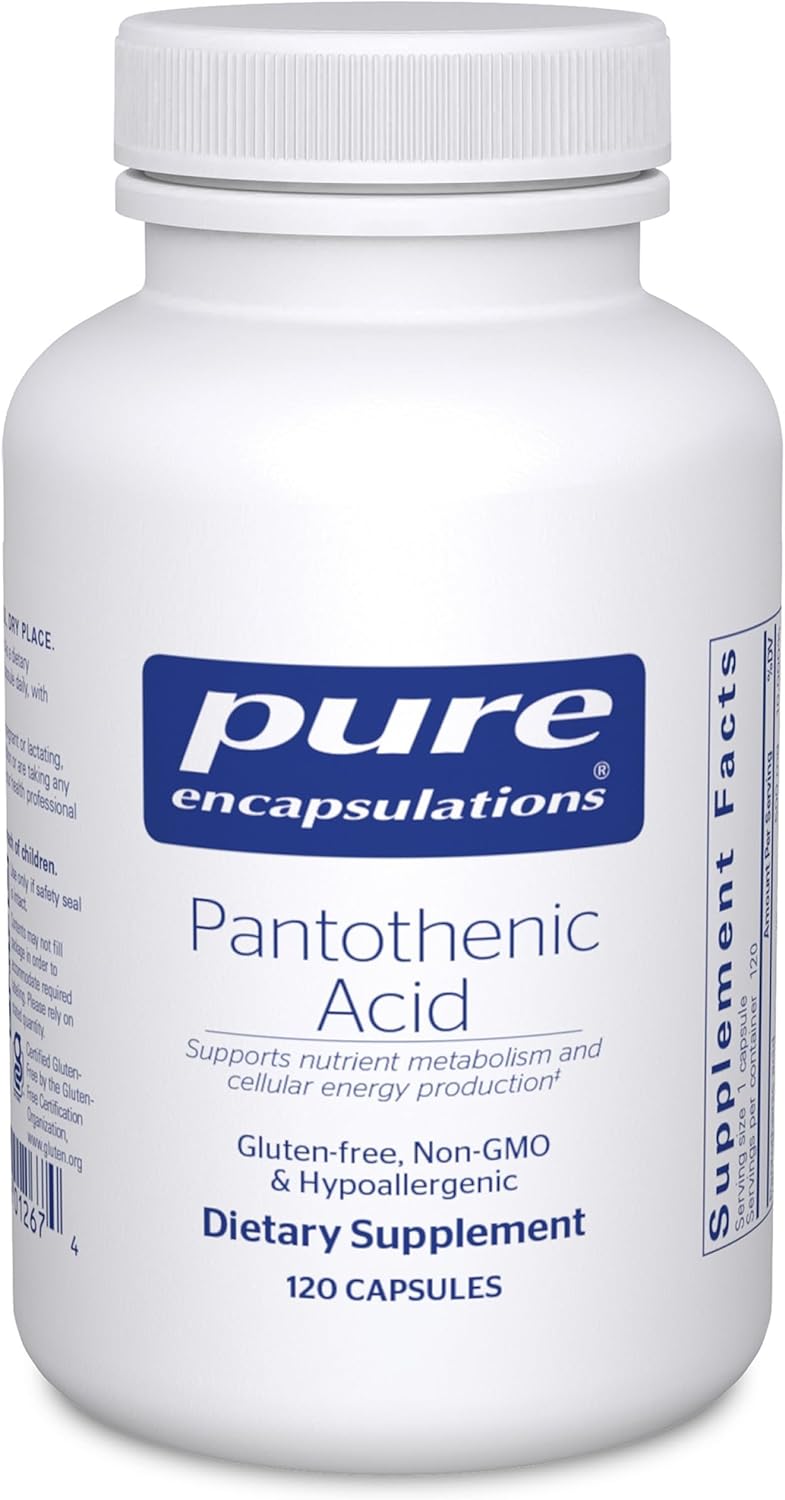 Pure Encapsulations Pantothenic Acid 500mg dietary supplement bottles with 120 capsules for energy support.