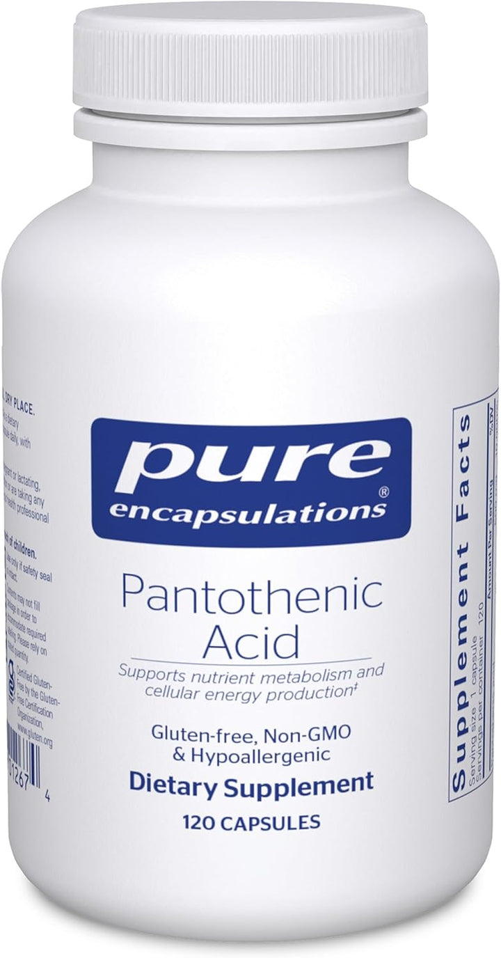 Pure Encapsulations Pantothenic Acid 500mg dietary supplement bottles with 120 capsules for energy support.