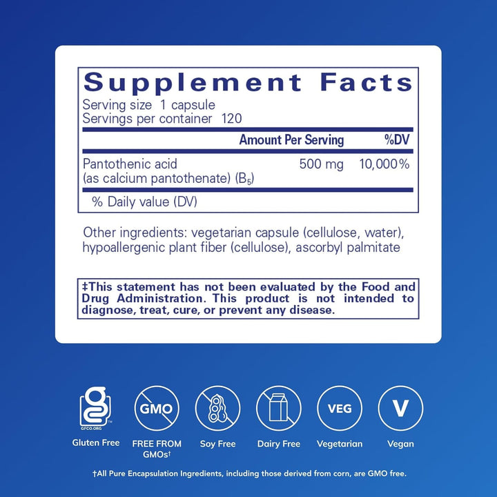 Pure Encapsulations Pantothenic Acid 500mg dietary supplement bottles with 120 capsules for energy support.