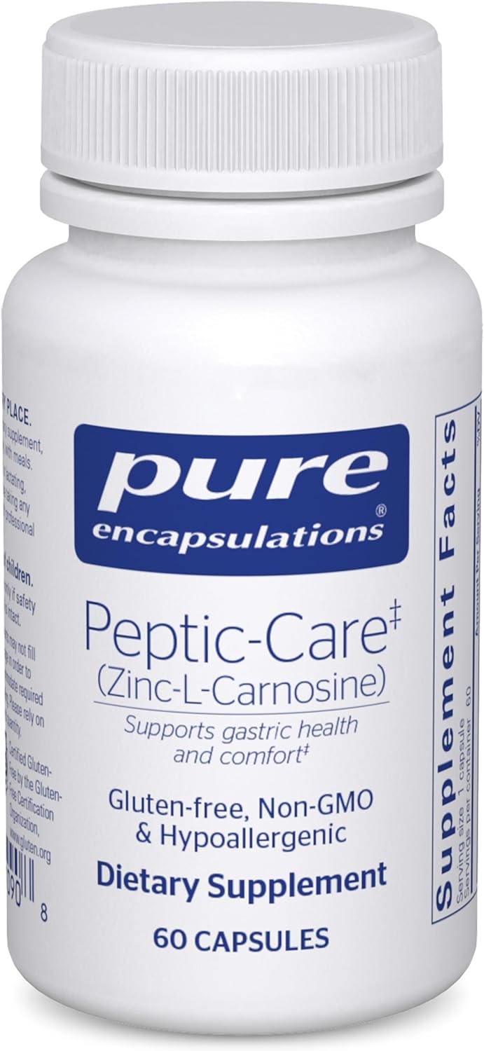 Pure Encapsulations Peptic Care ZC dietary supplement capsules supporting gastric and gut health in a bottle of 60 capsules.