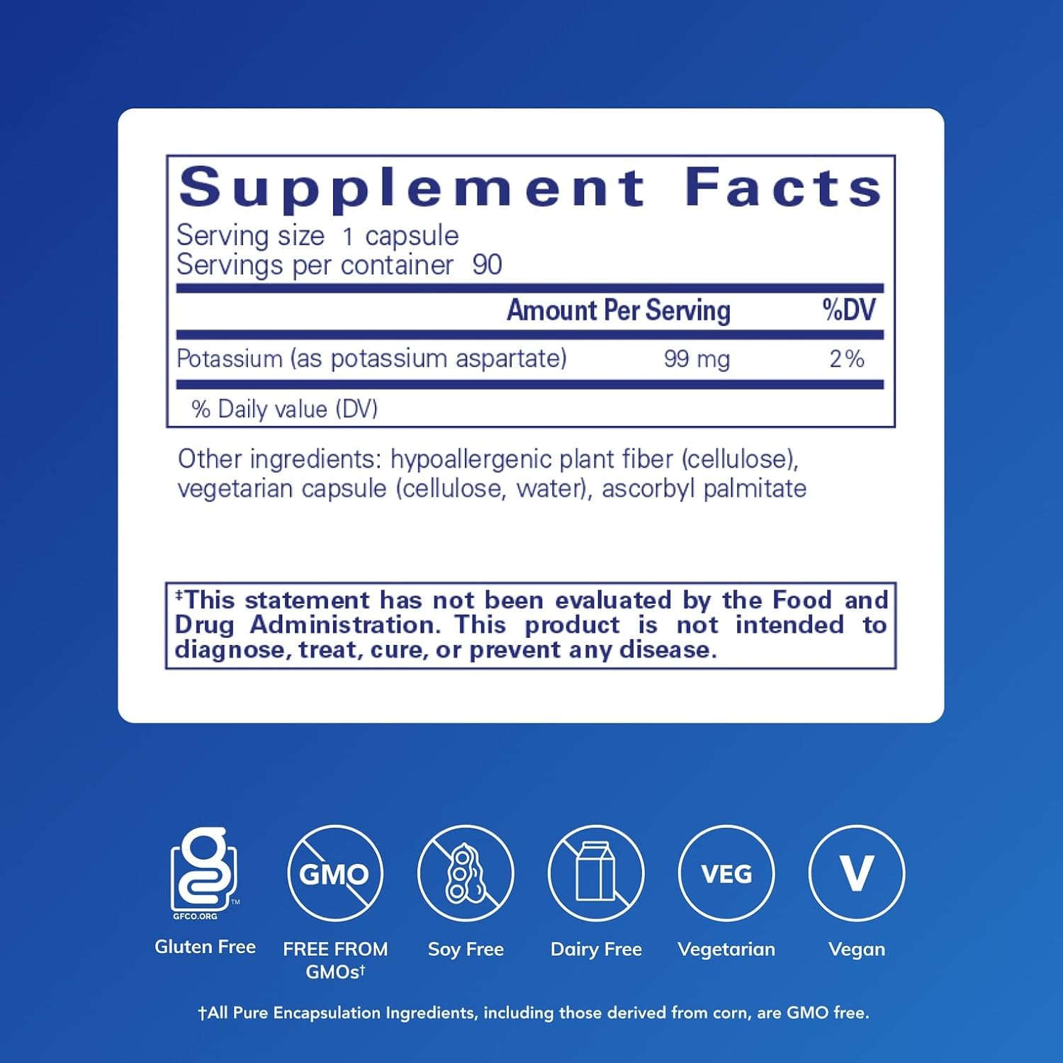 Pure Encapsulations Potassium Aspartate dietary supplement bottle with 90 capsules, supporting nerves, muscles, and heart health.