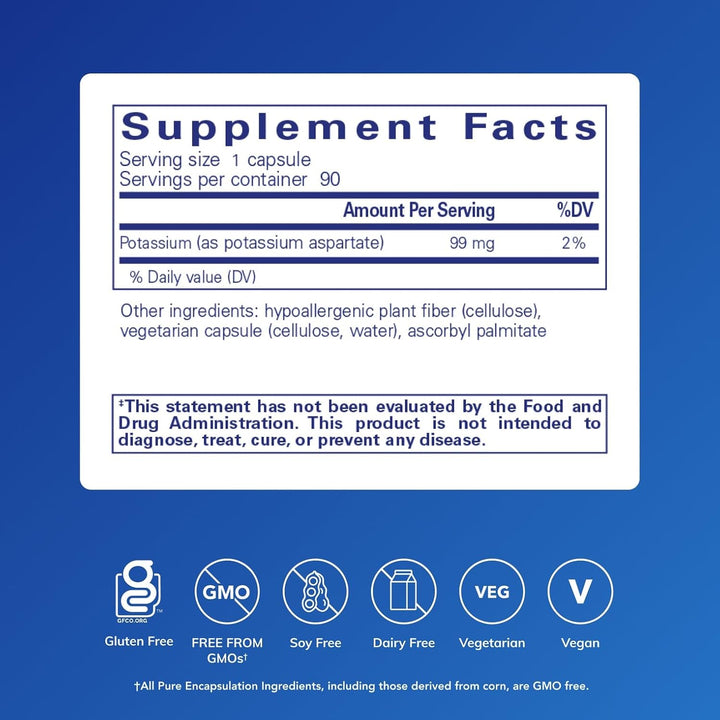 Pure Encapsulations Potassium Aspartate dietary supplement bottle with 90 capsules, supporting nerves, muscles, and heart health.