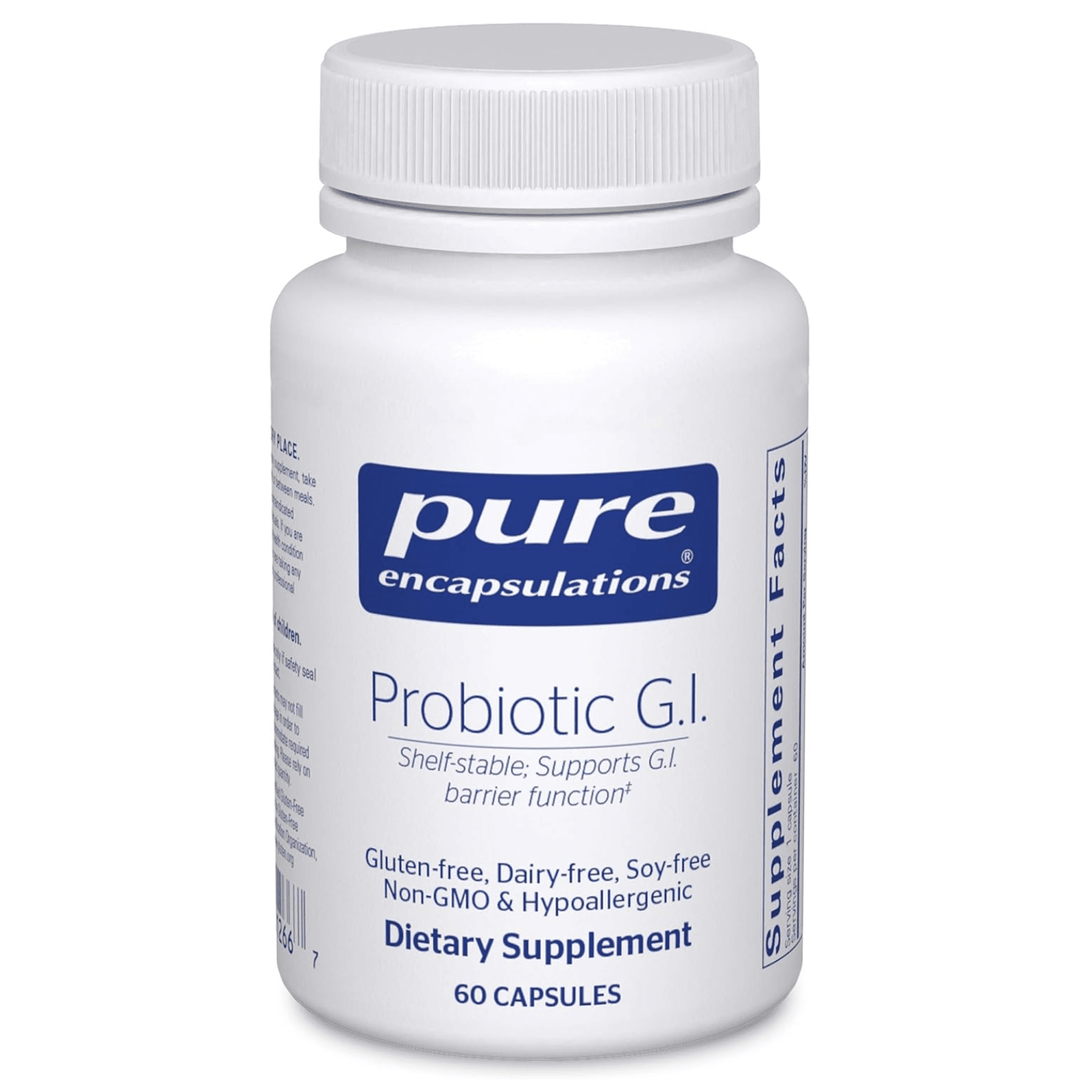 Pure Encapsulations Probiotic G.I dietary supplement capsules for digestive support, shelf-stable probiotic capsules in a bottle.