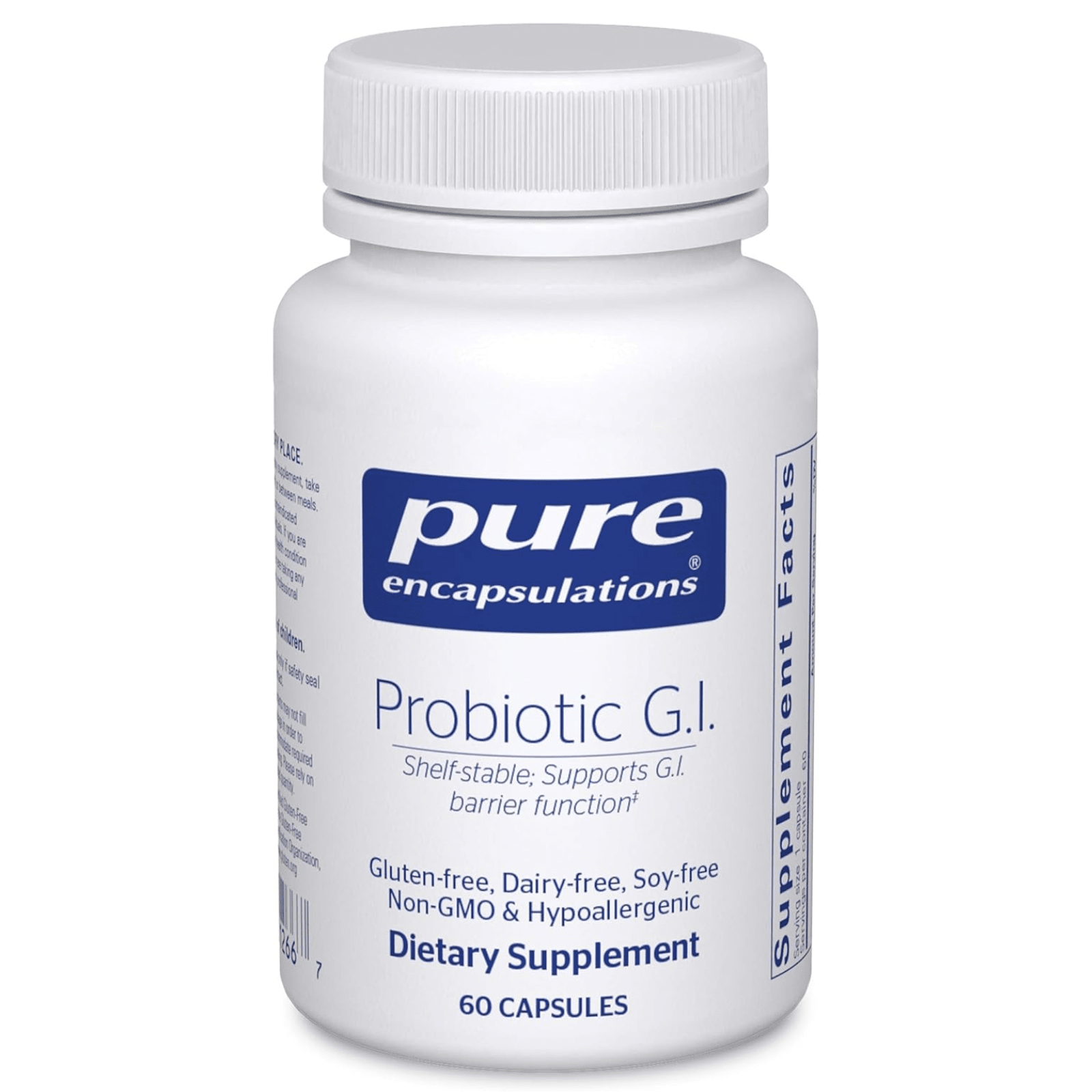 Pure Encapsulations Probiotic G.I dietary supplement capsules for digestive support, shelf-stable probiotic capsules in a bottle.