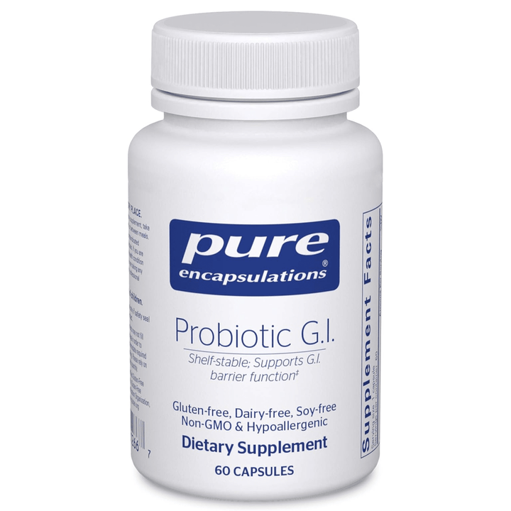 Pure Encapsulations Probiotic G.I dietary supplement capsules for digestive support, shelf-stable probiotic capsules in a bottle.