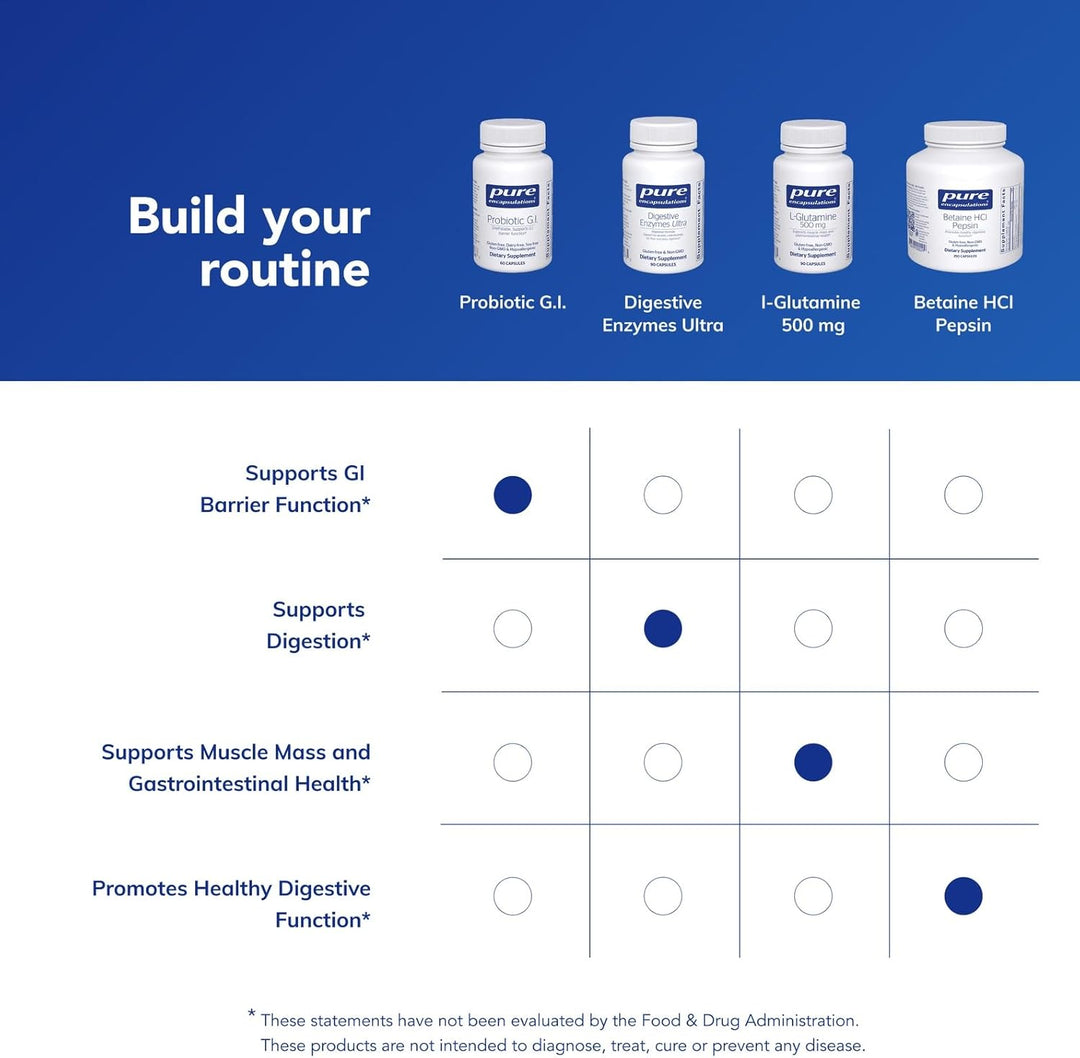 Pure Encapsulations probiotic G.I. dietary supplement bottle with 60 shelf-stable capsules for digestive support.