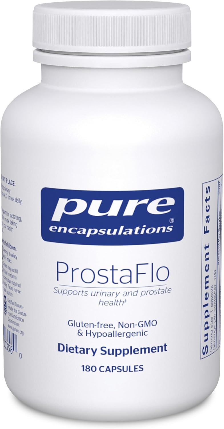 Pure Encapsulations ProstaFlo dietary supplement bottles with 180 capsules supporting urinary flow and prostate health.
