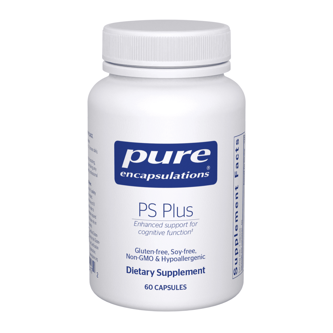 Pure Encapsulations PS Plus cognitive support dietary supplement capsules in a bottle, designed to enhance brain function.
