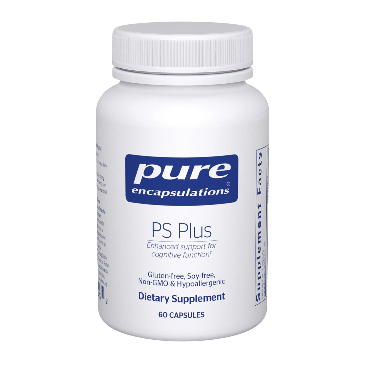 Pure Encapsulations PS Plus cognitive support dietary supplement capsules in a bottle, designed to enhance brain function.