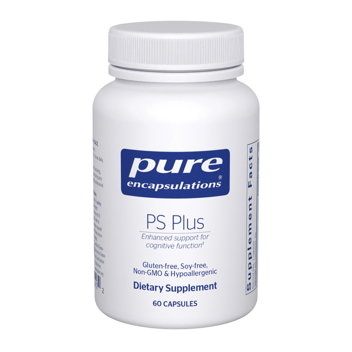 Pure Encapsulations PS Plus cognitive support dietary supplement capsules in a bottle, designed to enhance brain function.