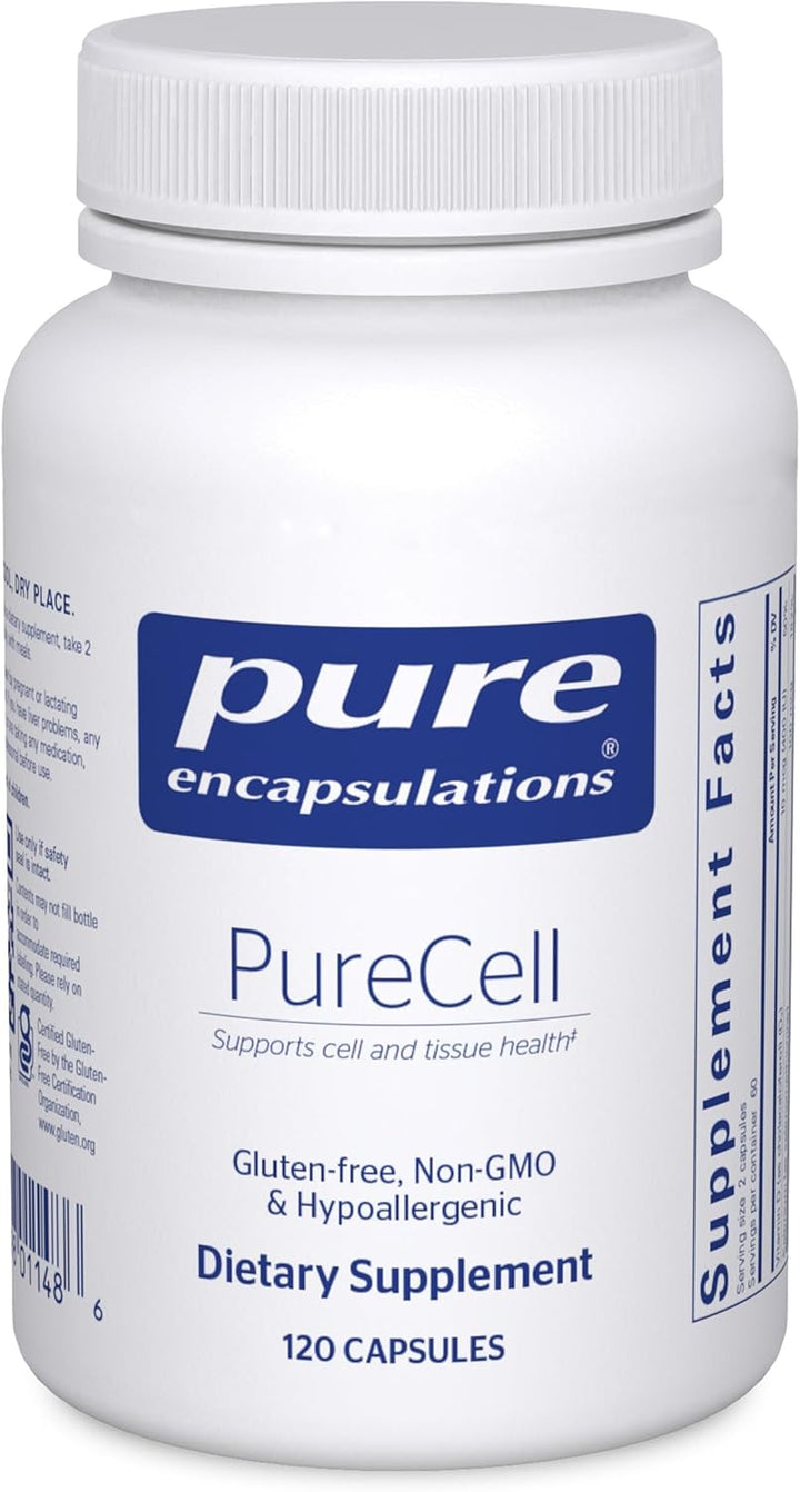 Pure Encapsulations PureCell dietary supplement bottle with 120 capsules supporting cellular function and overall health.