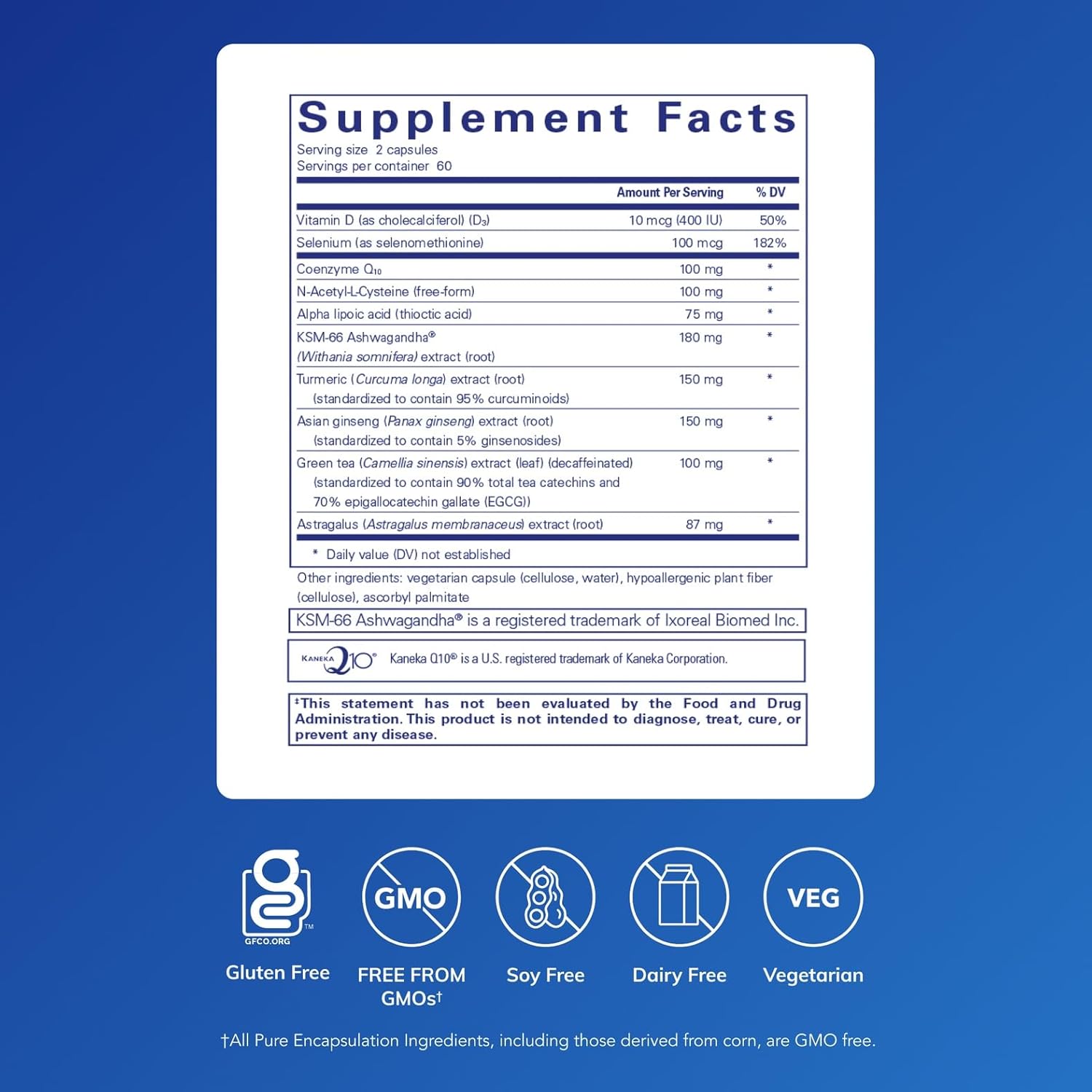 Pure Encapsulations PureCell dietary supplement capsules supporting cellular function, displayed in a clear bottle.