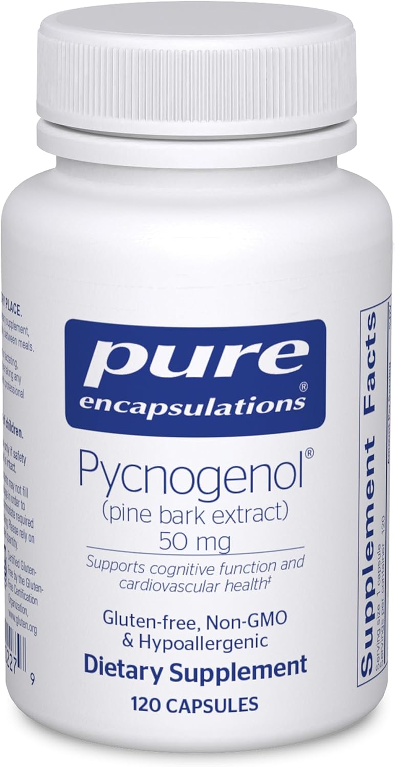 Pure Encapsulations Pycnogenol Pine Bark Extract dietary supplement capsules in a bottle, 50 mg, 120 capsules.