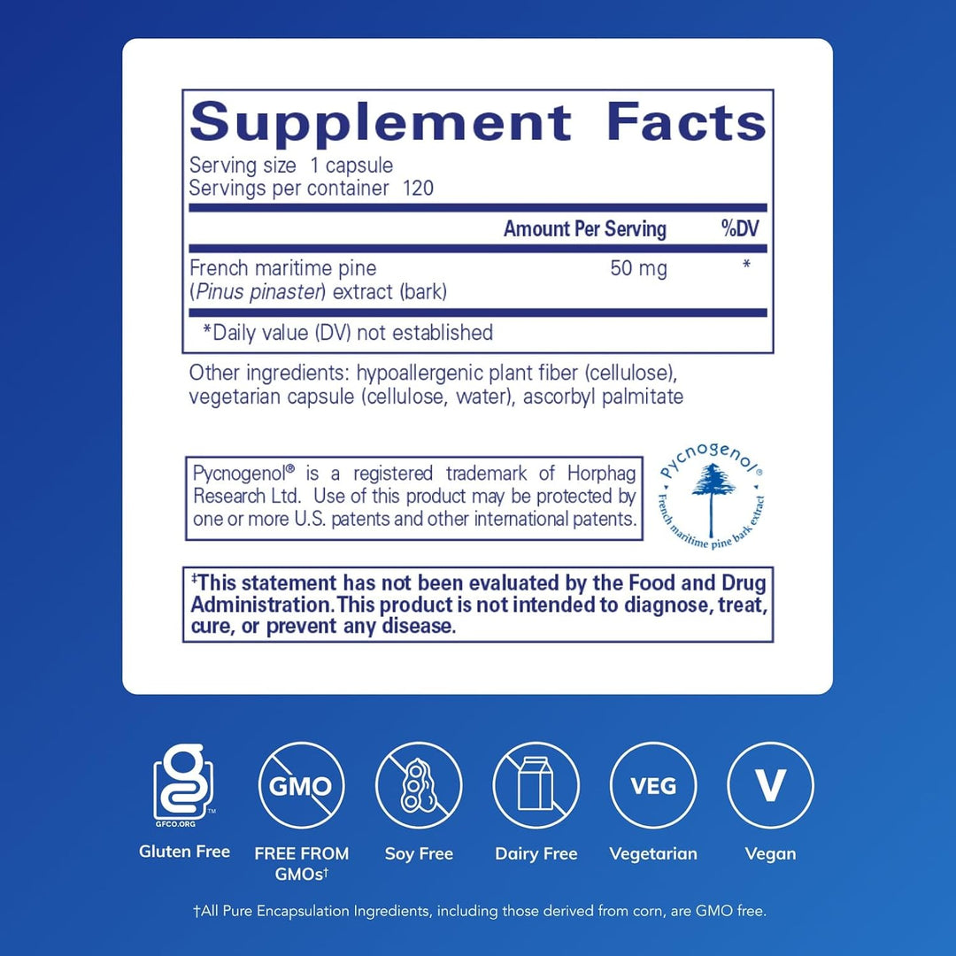 Pure Encapsulations Pycnogenol Pine Bark Extract dietary supplement in 120 capsules, showing the bottle and label.