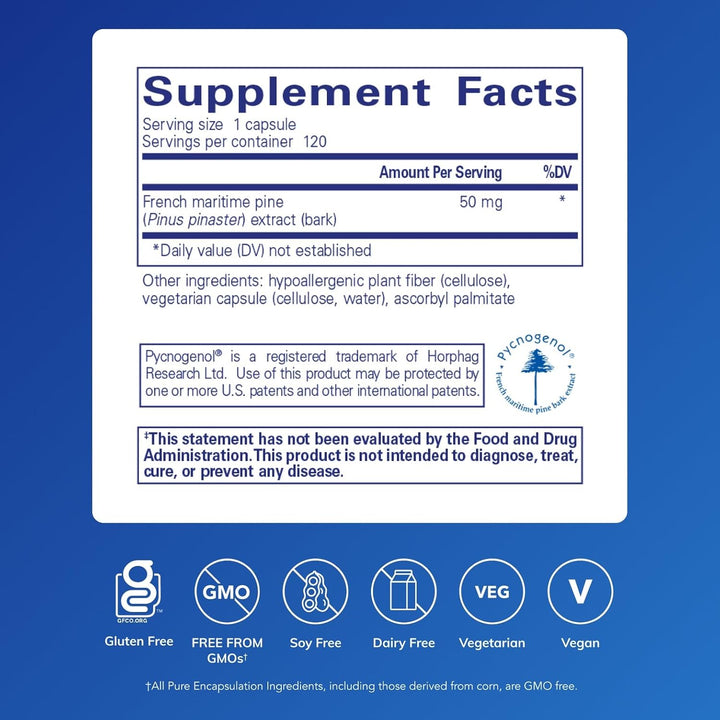 Pure Encapsulations Pycnogenol Pine Bark Extract dietary supplement in 120 capsules, showing the bottle and label.