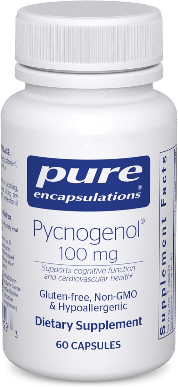Pure Encapsulations Pycnogenol dietary supplement bottle with 60 capsules supporting vascular and antioxidant health.