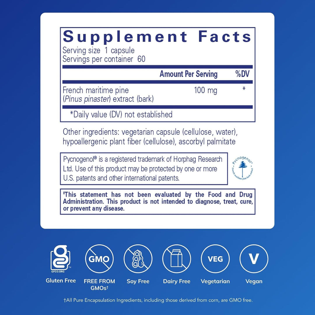 Pure Encapsulations Pycnogenol dietary supplement capsules supporting vascular health and antioxidant protection.