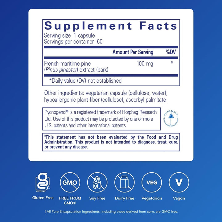 Pure Encapsulations Pycnogenol dietary supplement capsules supporting vascular health and antioxidant protection.