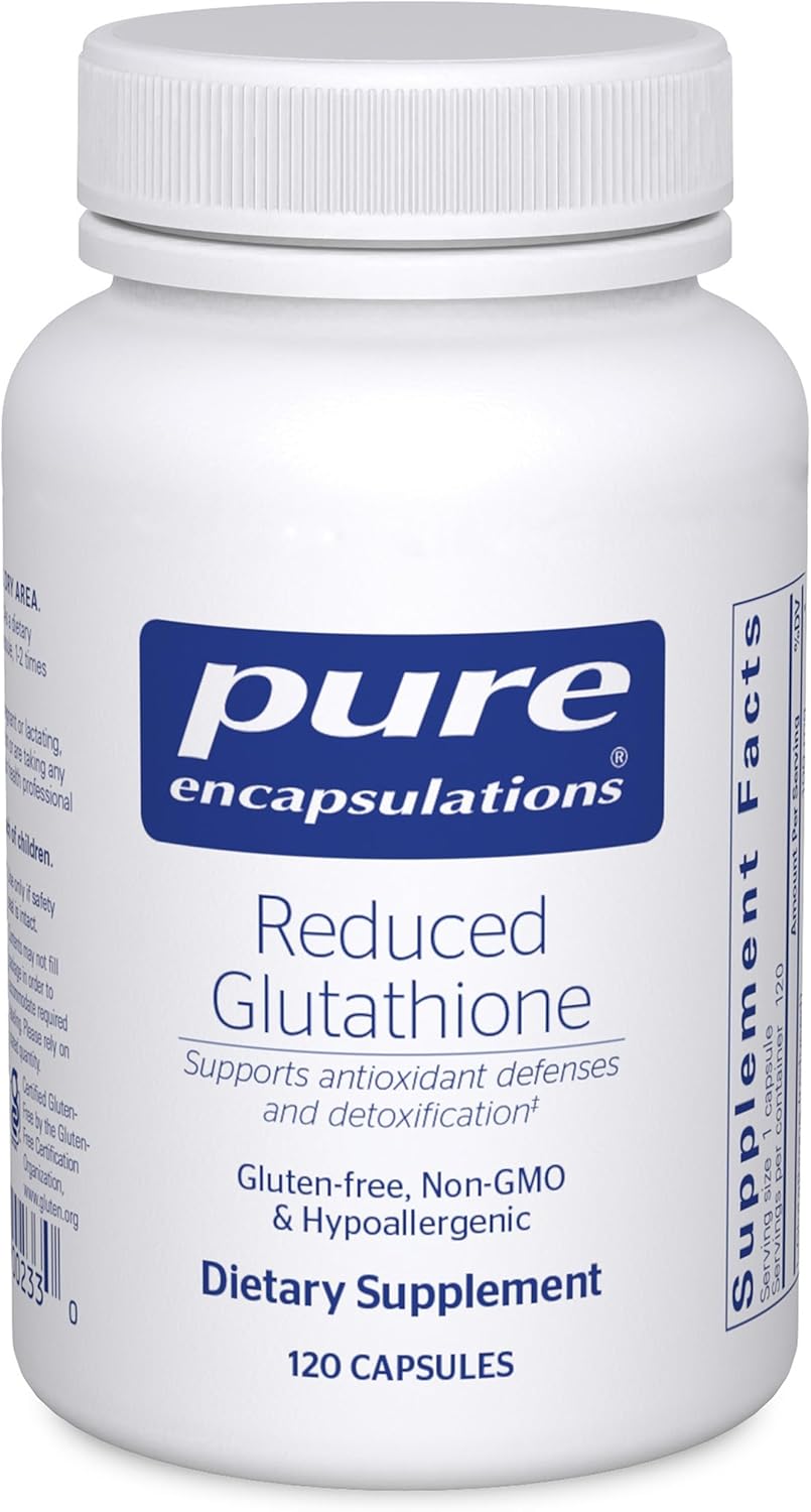 Pure Encapsulations Reduced Glutathione dietary supplement bottle with 120 capsules, supports liver health.