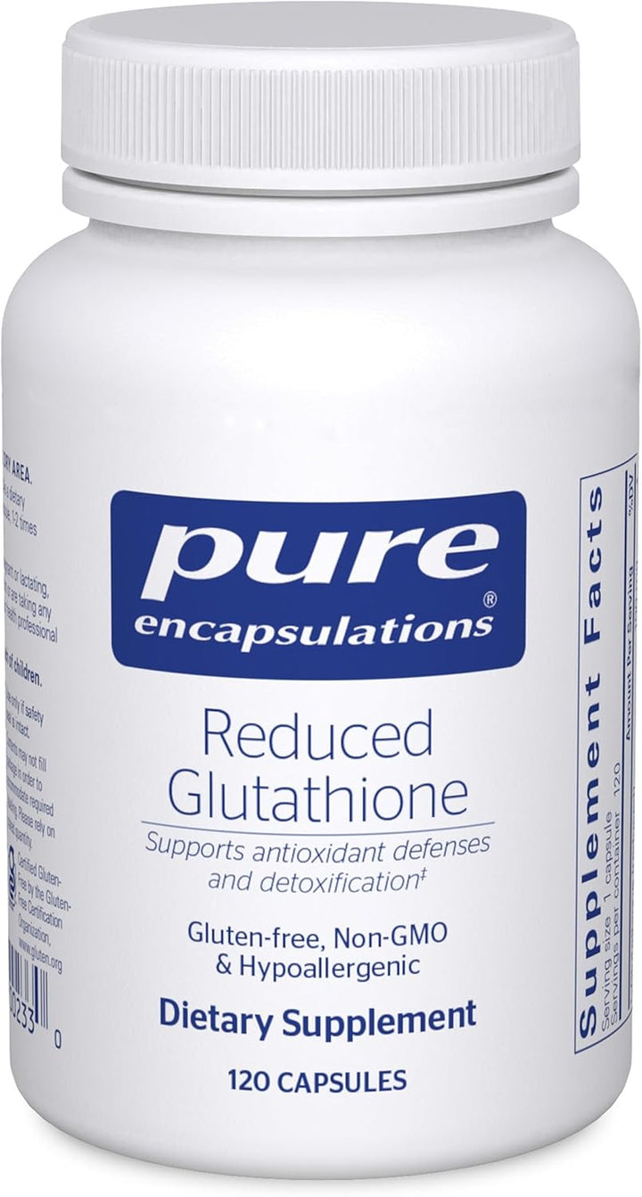 Pure Encapsulations Reduced Glutathione dietary supplement bottle with 120 capsules, supports liver health.