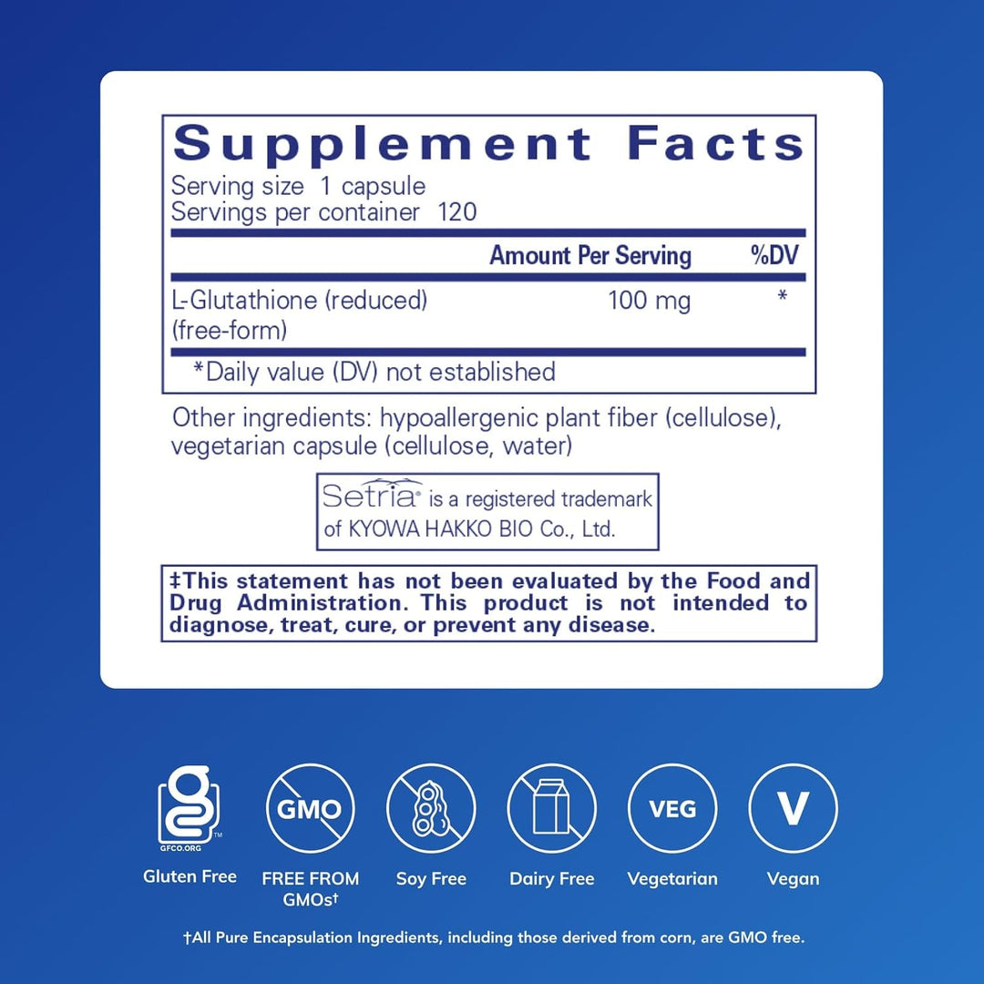 Pure Encapsulations Reduced Glutathione dietary supplement bottle with 120 capsules supporting liver health.