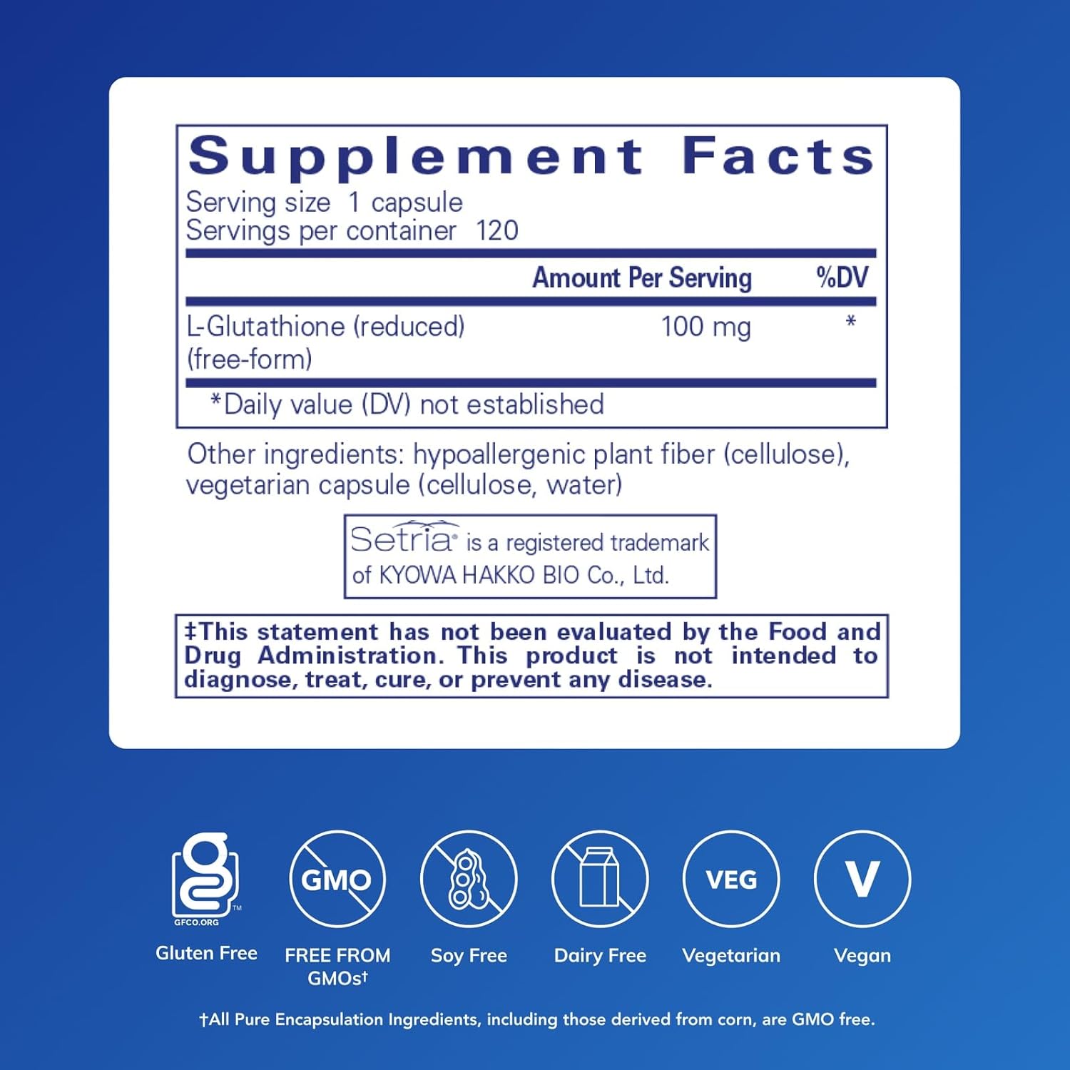 Pure Encapsulations Reduced Glutathione dietary supplement bottle with 120 capsules supporting liver health.