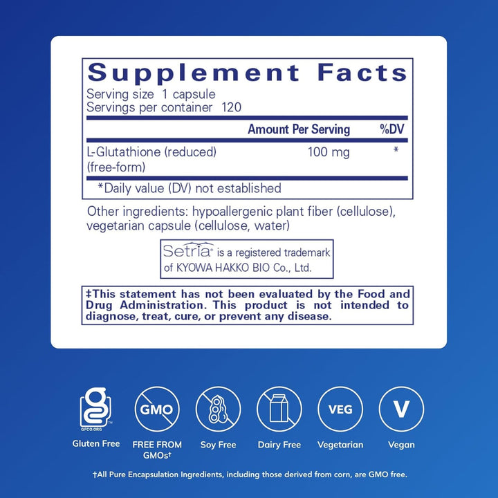 Pure Encapsulations Reduced Glutathione dietary supplement bottle with 120 capsules supporting liver health.