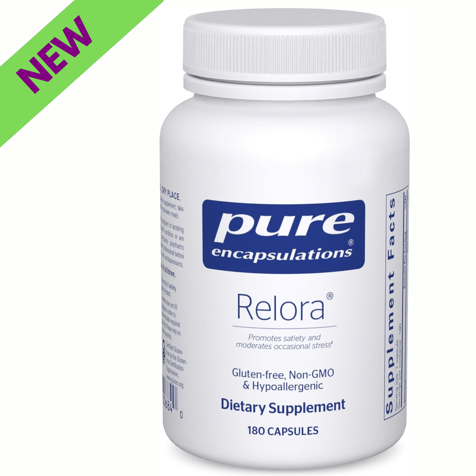 Pure Encapsulations Relora 250mg cortisol balance dietary supplement bottles with 180 capsules for stress response support.