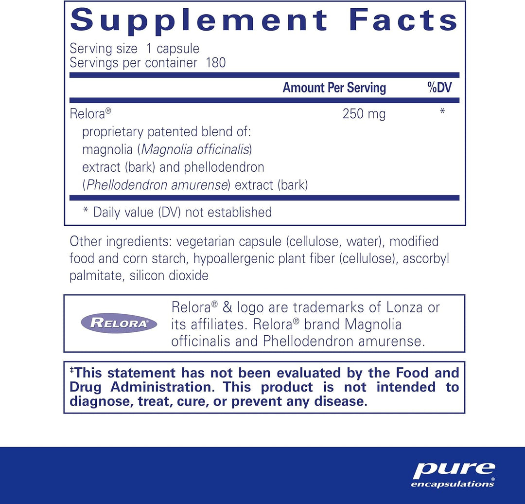 Pure Encapsulations Relora 250mg dietary supplement bottle with 180 capsules for cortisol balance and stress response.