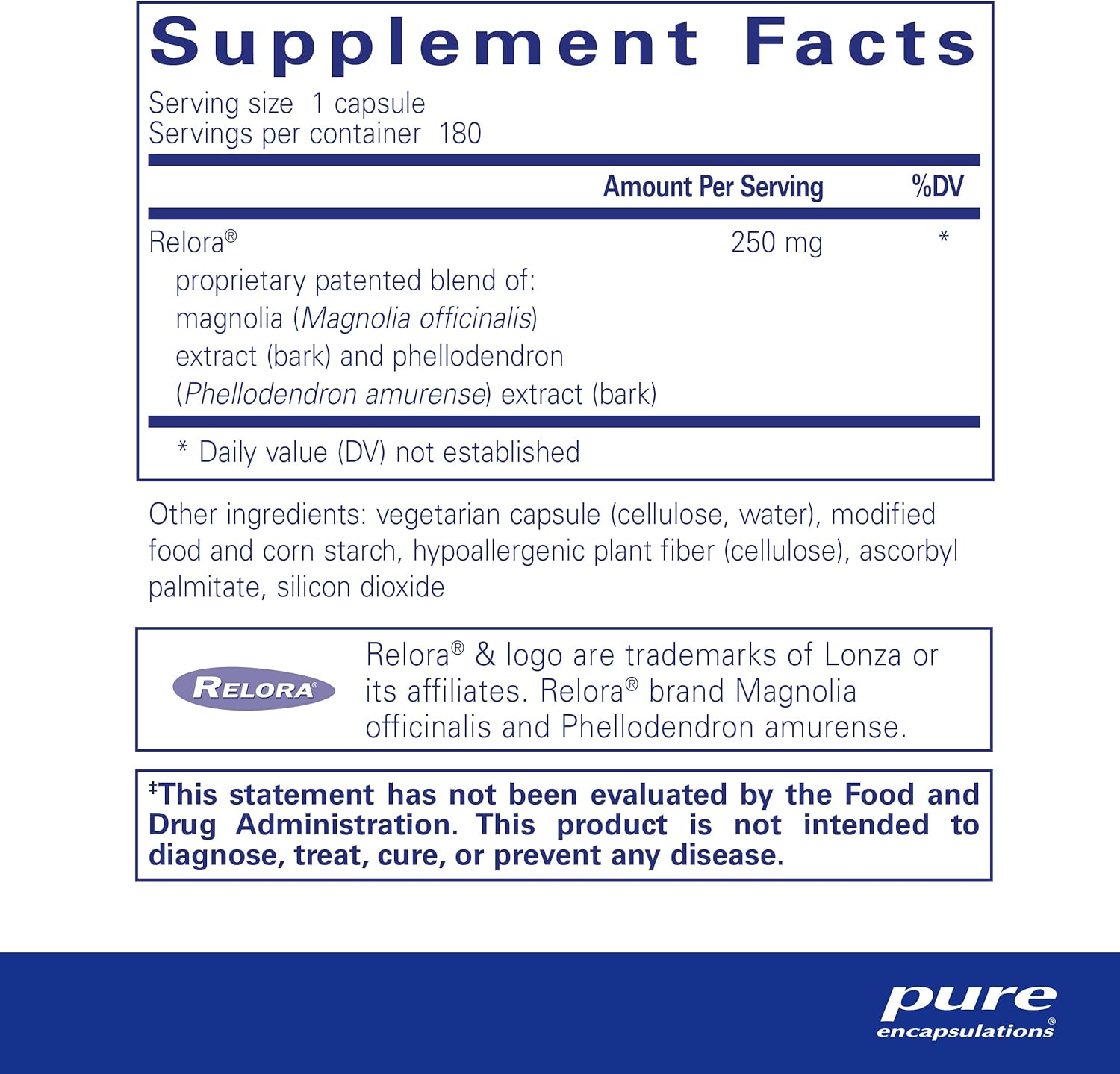 Pure Encapsulations Relora 250mg dietary supplement bottle with 180 capsules for cortisol balance and stress response.