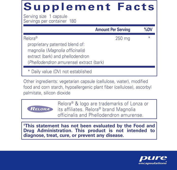 Pure Encapsulations Relora 250mg dietary supplement bottle with 180 capsules for cortisol balance and stress response.