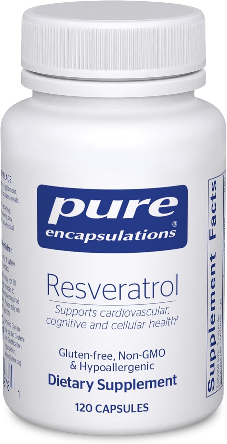 Pure Encapsulations Resveratrol 40mg dietary supplement bottle with 120 capsules supporting heart and cell health.