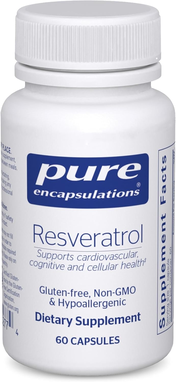 Pure Encapsulations Resveratrol 40mg dietary supplement capsules supporting heart and cell health, shown in a white bottle.