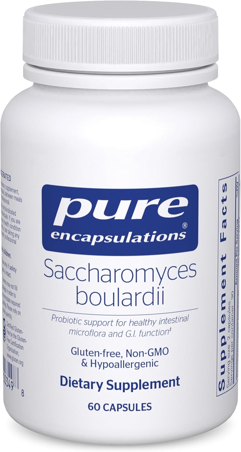 Pure Encapsulations Saccharomyces Boulardii gut flora support dietary supplement bottle with 60 capsules.