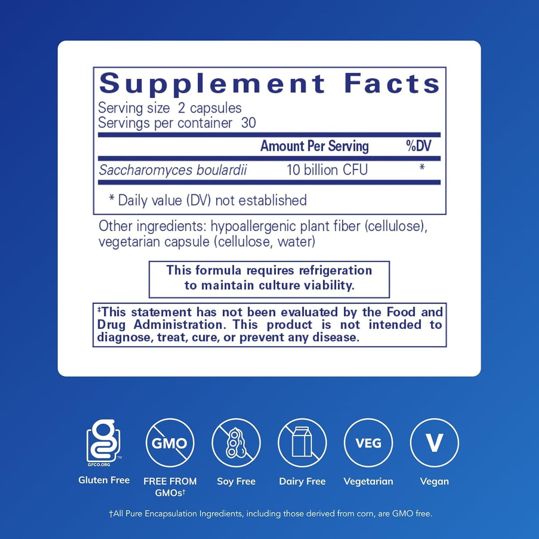 Pure Encapsulations Saccharomyces Boulardii dietary supplement bottle with 60 capsules for gut flora support.
