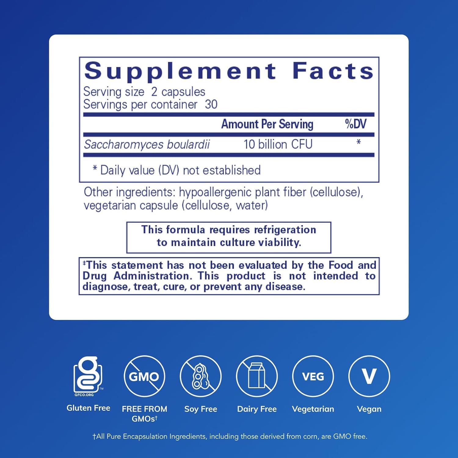 Pure Encapsulations Saccharomyces Boulardii dietary supplement bottle with 60 capsules for gut flora support.
