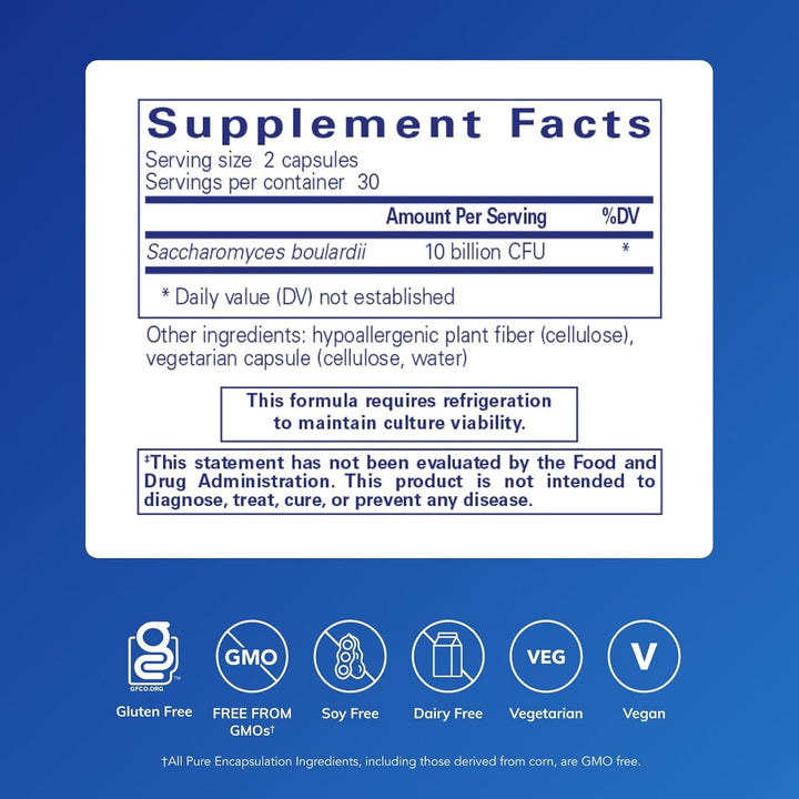 Pure Encapsulations Saccharomyces Boulardii dietary supplement bottle with 60 capsules for gut flora support.