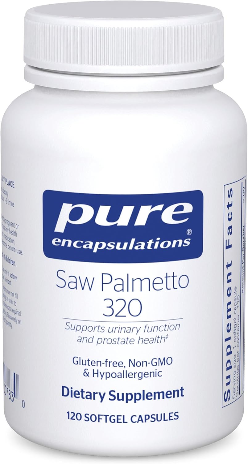 Pure Encapsulations Saw Palmetto dietary supplement in 120 softgels, supports urinary health and metabolism.