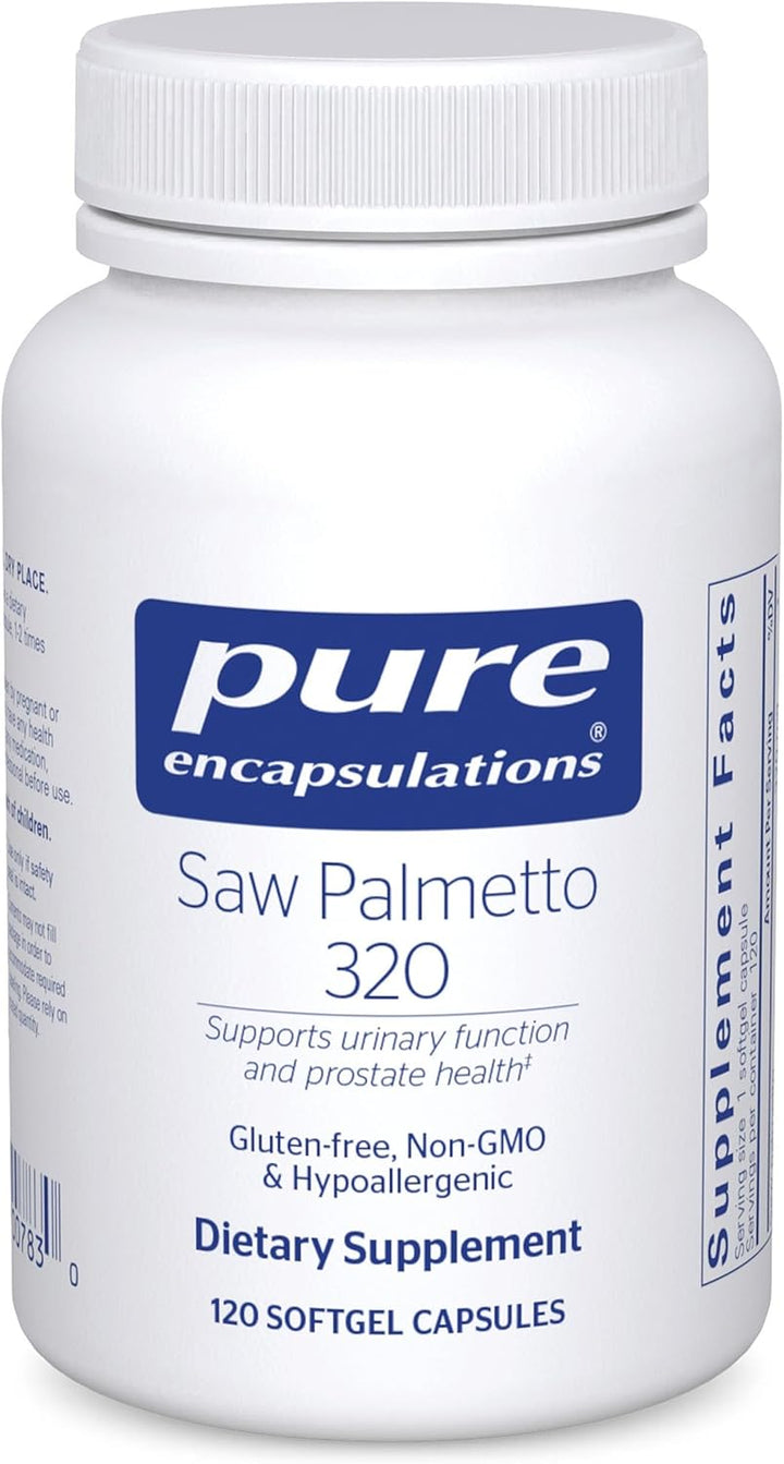 Pure Encapsulations Saw Palmetto dietary supplement bottle with 120 softgels, supporting metabolism and urinary health.