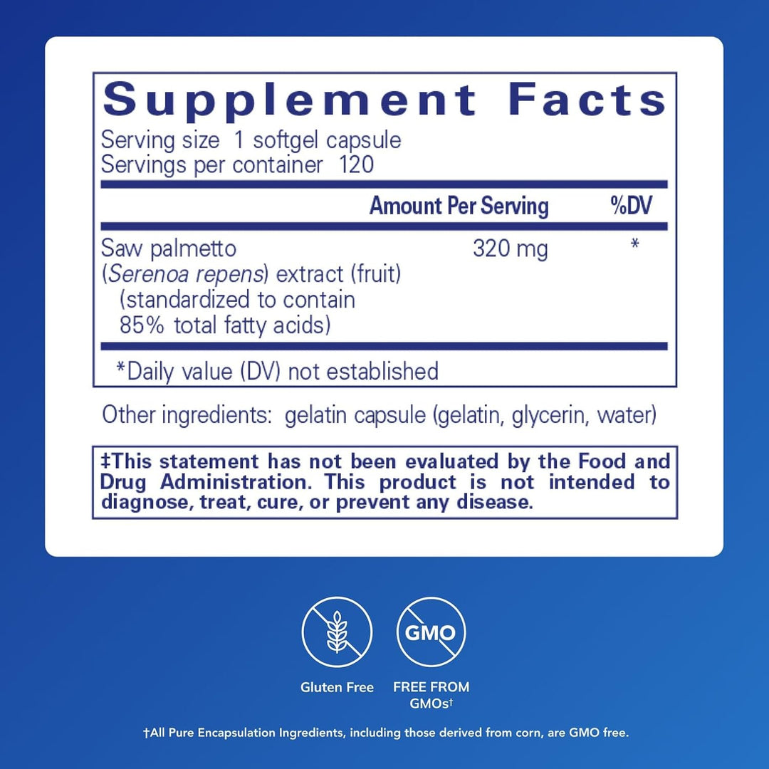 Pure Encapsulations Saw Palmetto dietary supplement softgels supporting metabolism and urinary health, 120 softgels.