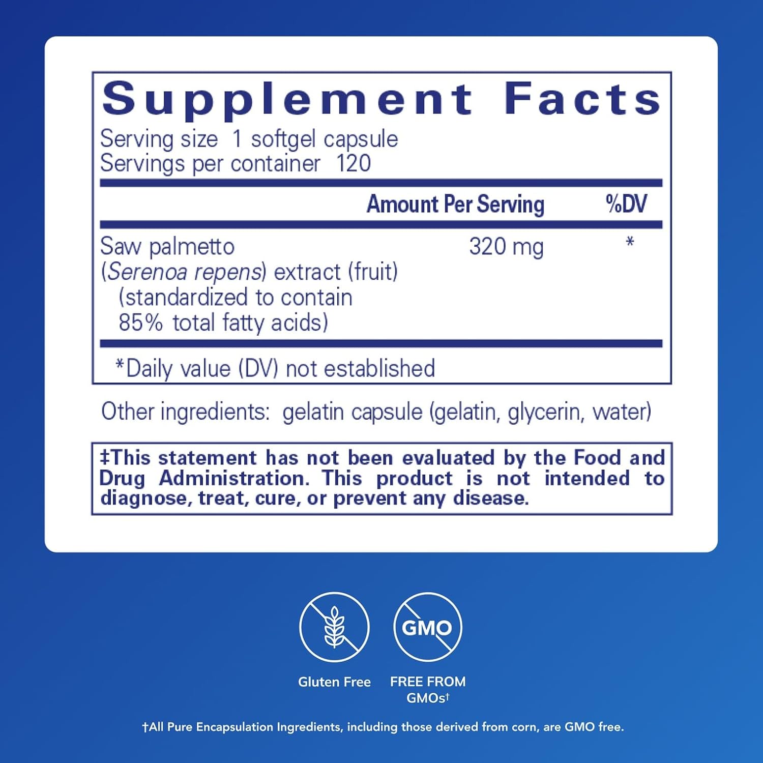 Pure Encapsulations Saw Palmetto dietary supplement in softgel capsules supporting metabolism and urinary health.