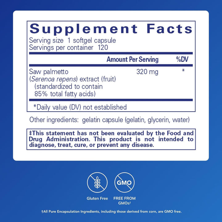 Pure Encapsulations Saw Palmetto dietary supplement softgels supporting metabolism and urinary health, 120 softgels.