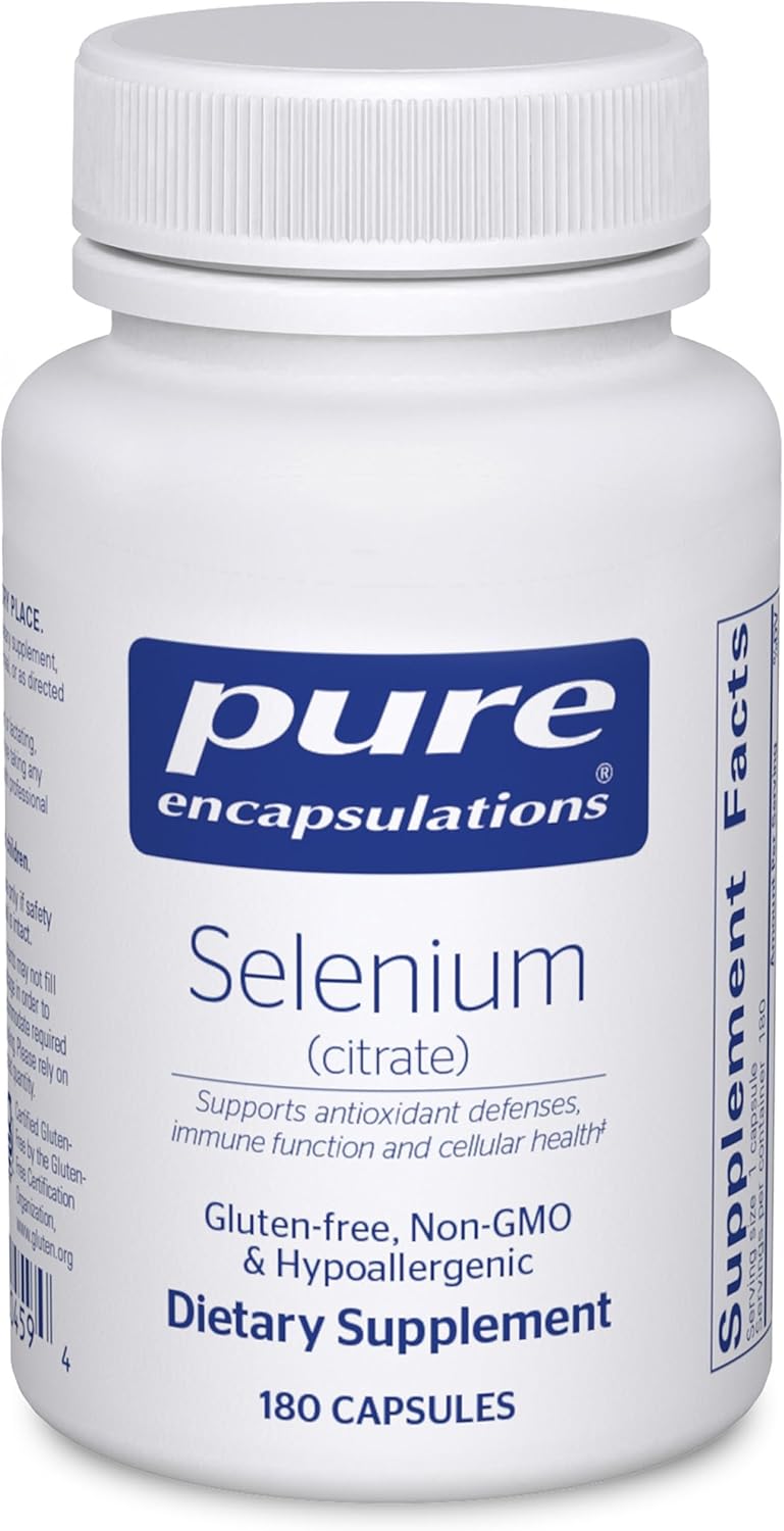 Pure Encapsulations Selenium Citrate dietary supplement bottles with 180 capsules for immune and cellular health support.