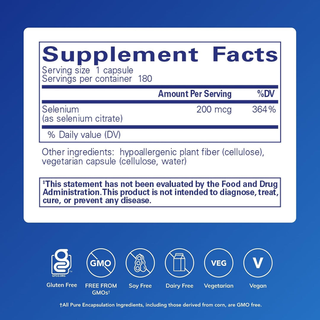 Pure Encapsulations Selenium Citrate dietary supplement bottle with 180 capsules for immune and cellular health support.