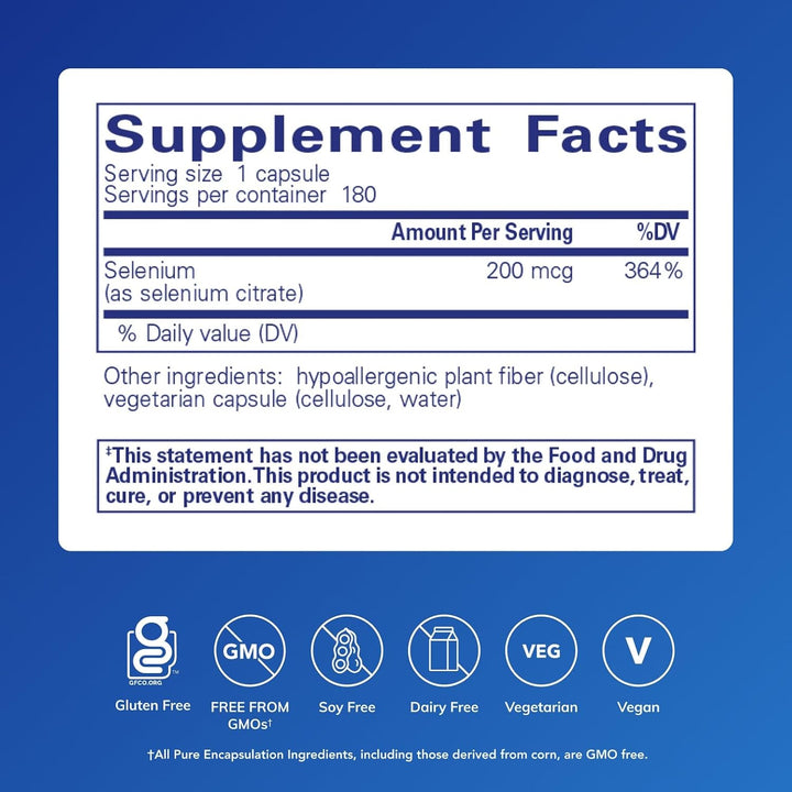 Pure Encapsulations Selenium Citrate dietary supplement bottle with 180 capsules for immune and cellular health support.