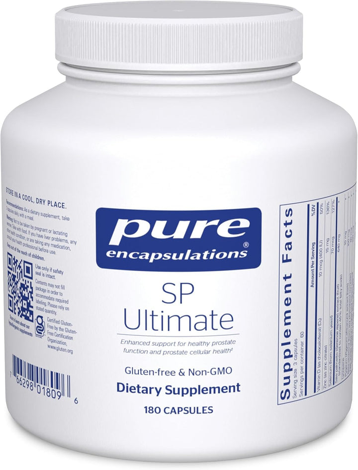 Pure Encapsulations SP Ultimate Supports Prostate Cellular Health dietary supplement capsules in a bottle.