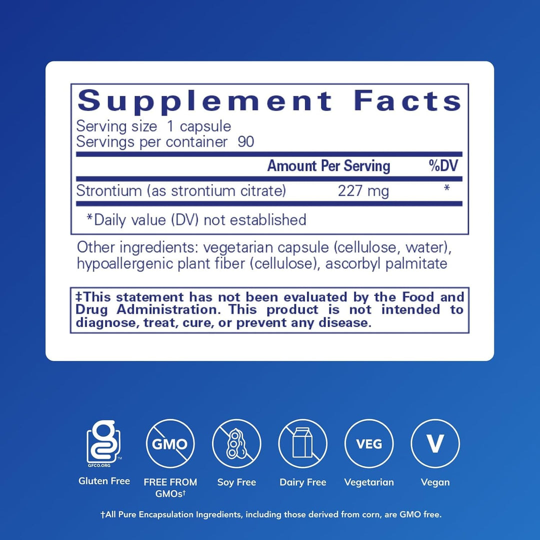Pure Encapsulations Strontium Citrate dietary supplement capsules supporting bone strength, shown in a bottle.