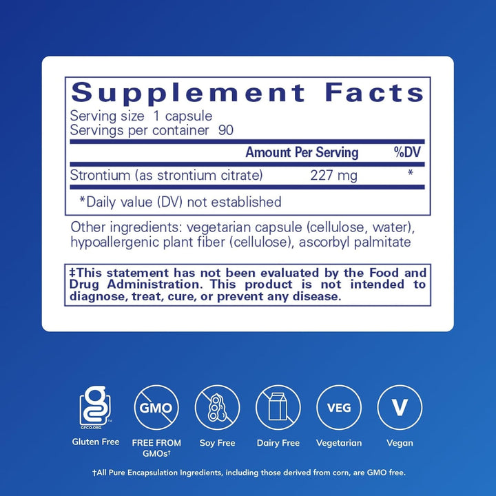 Pure Encapsulations Strontium Citrate dietary supplement capsules supporting bone strength, shown in a bottle.